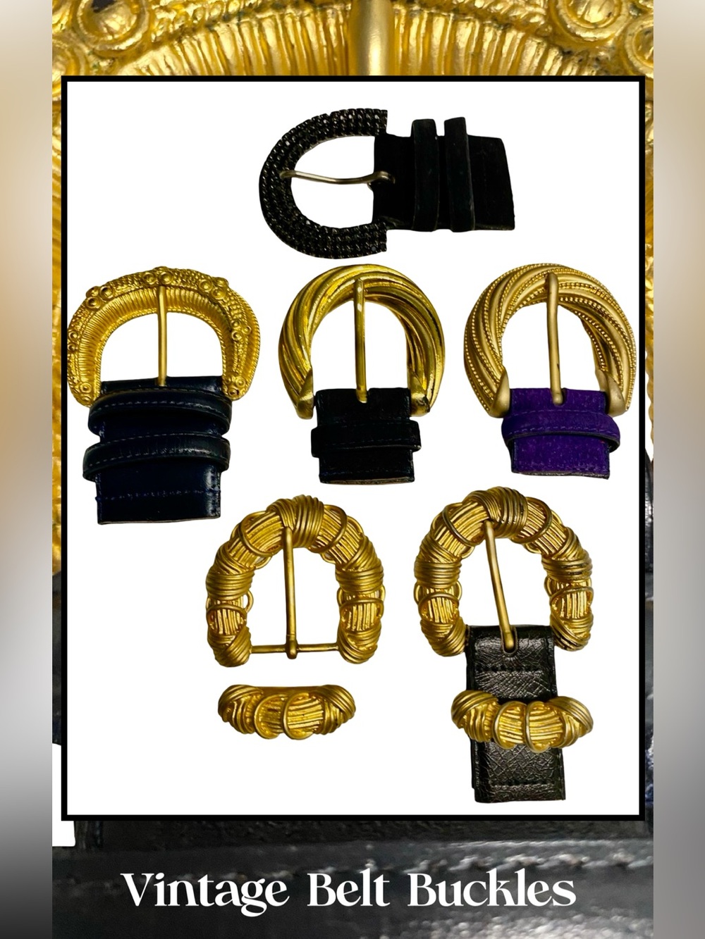 6 Vintage 90’s Goldtone & Black Rhinestone Belt Buckles